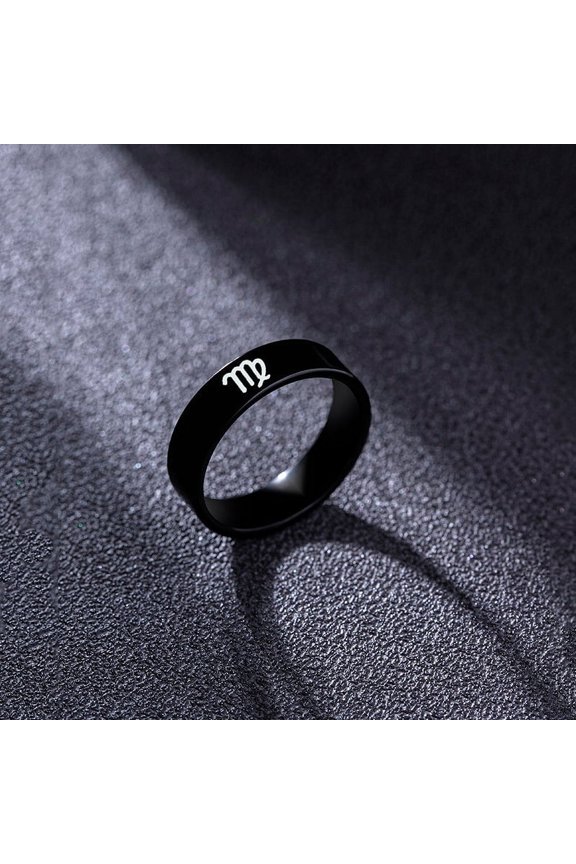 Black Stainless Steel Ring with Zodiac Constellation Stars Symbol Geometric Shape Punk Hip Hop Fashion Ring for Men and Women 20MM Diameter