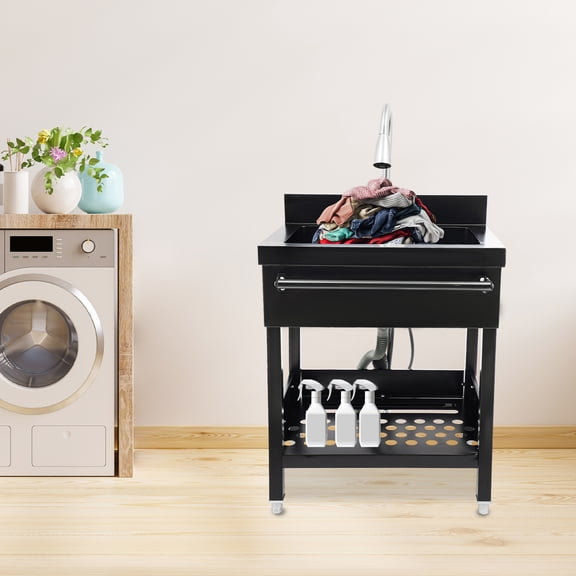 Black Stainless Steel 19.68x13.78x7.48 Inch Freestanding Kitchen Sink With Towel Rack And Floor Sink With Drain Rack