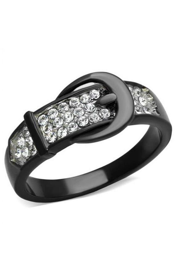 Black Stainless Steel Belt Buckle Round Cut Crystal Fashion Ring Women's Size 7
