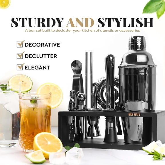 Black Stainless Steel Cocktail Shaker Set with Wood Stand - 15 Piece Bartender Kit