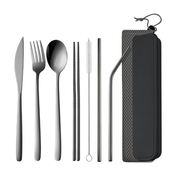Black Stainless Steel Cutlery Set With Chopsticks Spoon Knife Fork And Straws 7-Piece Portable For Camping And Office Use Includes Storage Case For Protection And Organization Easy To Clea