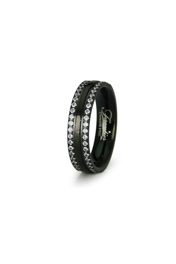 Black Tioneer Stainless Steel Dual Eternity Cubic Zirconia Wedding Band Ring