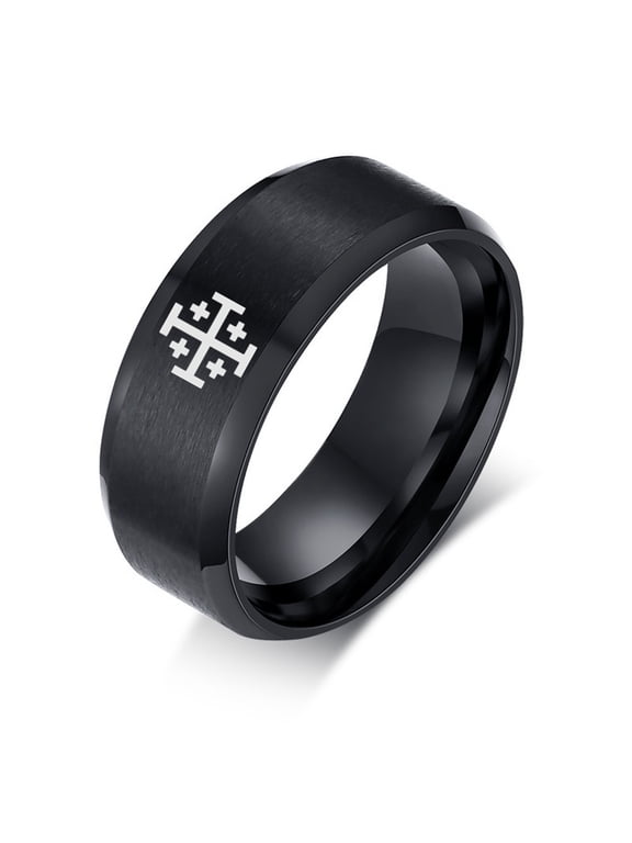 Black Stainless Steel Jerusalem Crusaders Cross Ring for Men Women, Medieval Christian Symbol Kingdom Of Jerusalem Crucifix Finger Ring for Unisex, Size 7