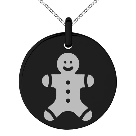 Black Stainless Steel Jolly Gingerbread Man Engraved Small Medallion Circle Charm Pendant Necklace