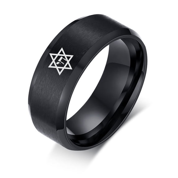 Black Stainless Steel Matte Jerusalem Star of Daivd Hebrew Chai Judaism Symbol of Life Ring Religious Israel Magen David Star Finger Ring Jewish Pride Jewelry, Size 8