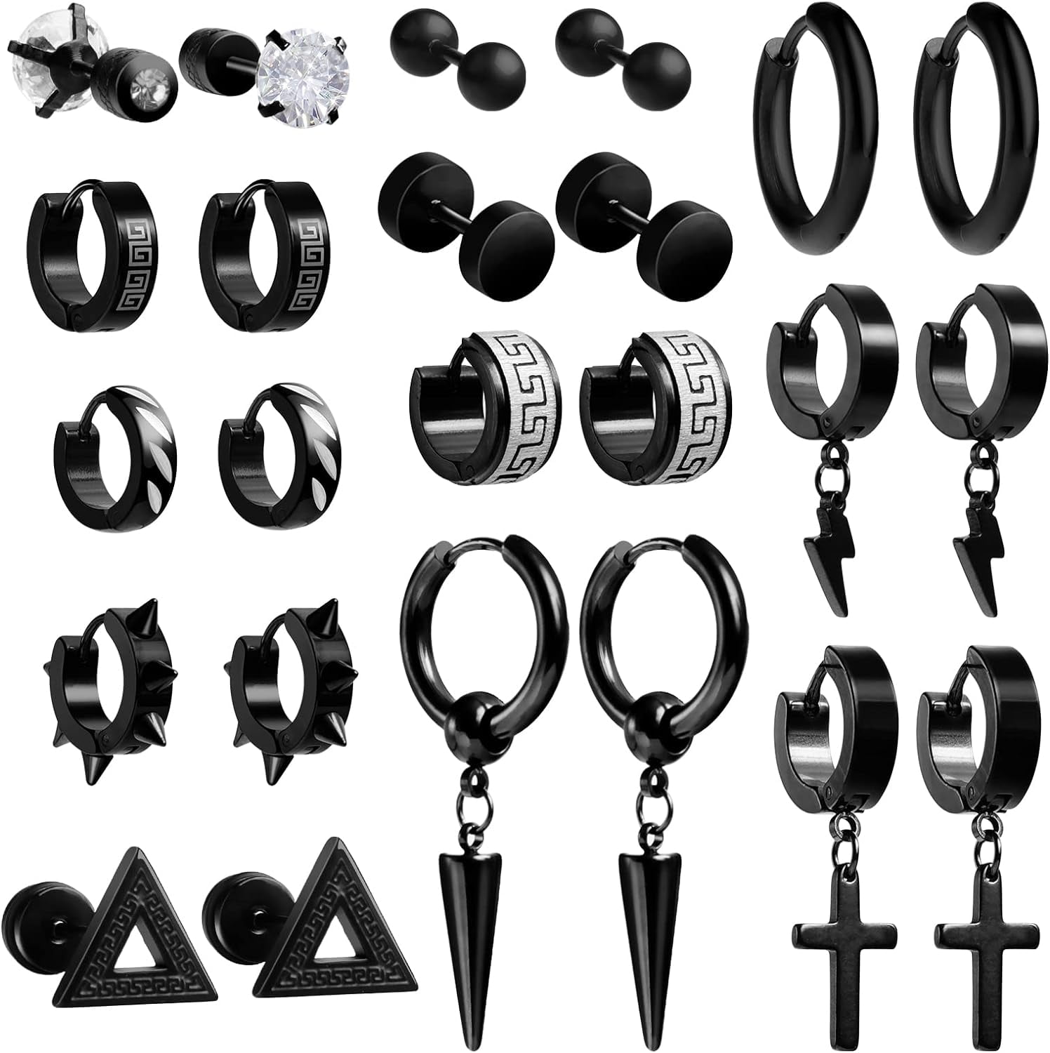 Black Stainless Steel Mens Earrings Set 12 Pairs of Hoop, Dangle, and Stud Earrings for Men