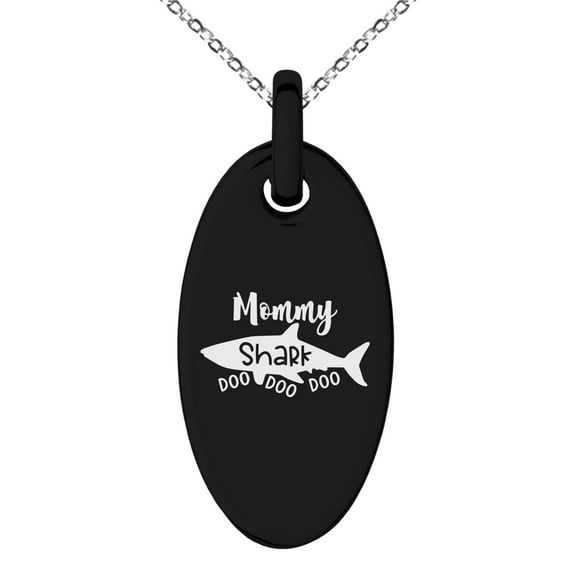 Black Stainless Steel Mommy Shark Small Oval Charm Pendant Necklace