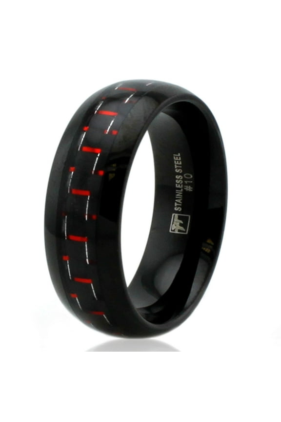 Black Tioneer Stainless Steel Red Carbon Fiber Inlay Wedding Band Ring