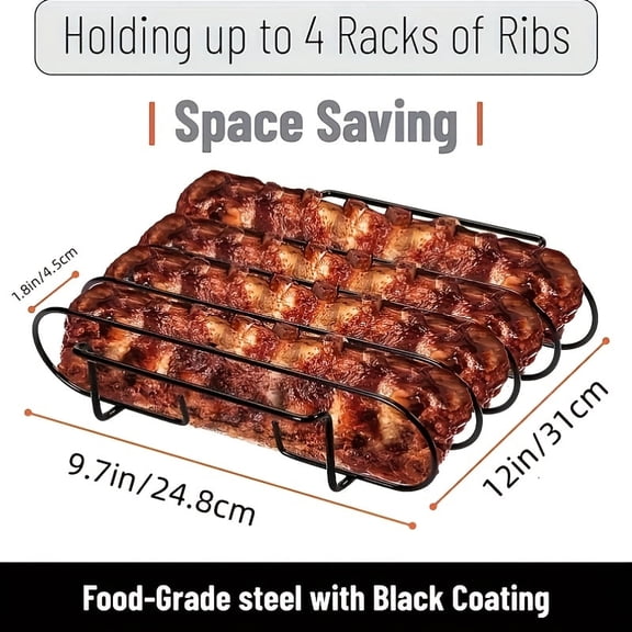 Black Stainless Steel Rib Rack, Heavy Duty BBQ Rib Holder Holds 4 Full Racks, Portable Grilling Tool for Outdoor Smoker Campfire, Even Heat Distribution Easy Assembly for Steak Rib Chicken Fish