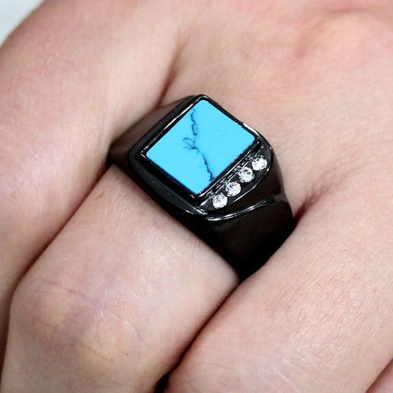Black Stainless Steel Ring with Synthetic in SeaBlue for Women Sea Blue Stone Color Style TK3755 Size 13