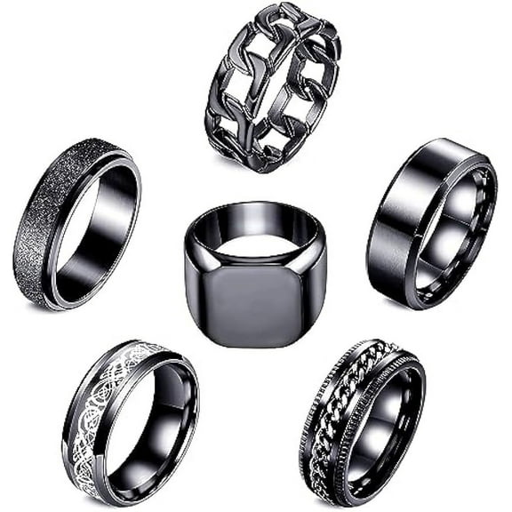 Black Stainless Steel Rings for Men 6pcs Mens Rings Band Fidget Ring Cool Spinner Rings for Men