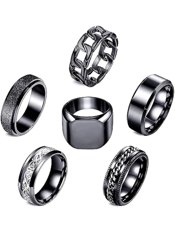 Black Stainless Steel Rings for Men 6pcs Mens Rings Band Fidget Ring Cool Spinner Rings for Men