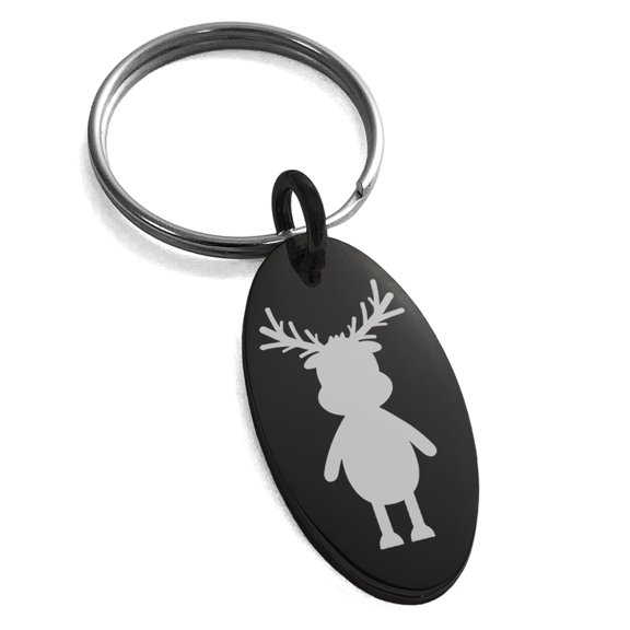 Black Stainless Steel Rudolph Reindeer Engraved Small Oval Charm Keychain Keyring