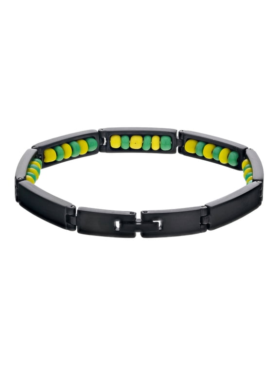 Black Stainless Steel Santeria Babalawo Green Yellow Ilde de Orula Bracelet 8"
