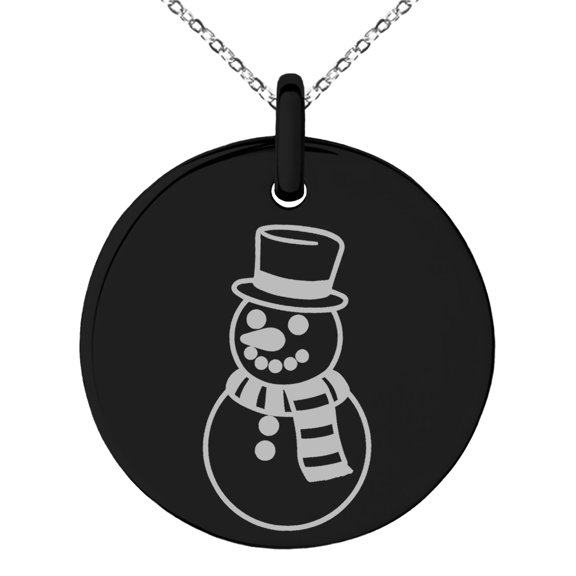 Black Stainless Steel Scarfed Snowman Engraved Small Medallion Circle Charm Pendant Necklace