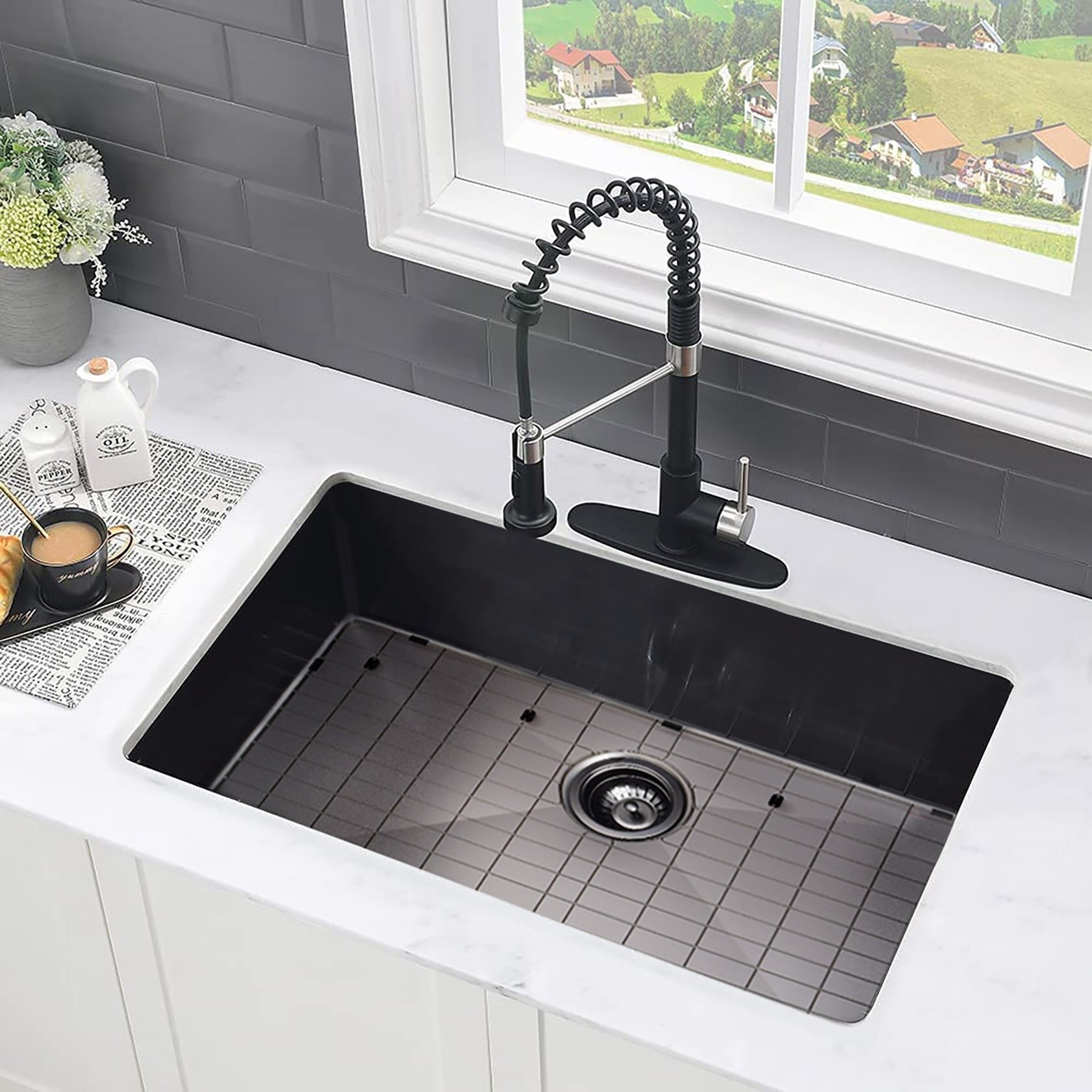 Black Stainless Steel Single Bowl Undermount Kitchen Sink with Grid and Strainer
