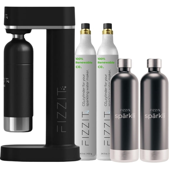 Black Stainless Steel Sparkling Water Maker with 2 CO2 Cylinders & 2 Reusable Bottles