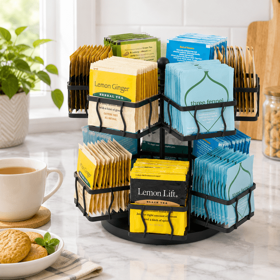 Black Stainless Steel Spinning Carousel Tea Bag Storage Organizer, Holds Up to 140 Bags