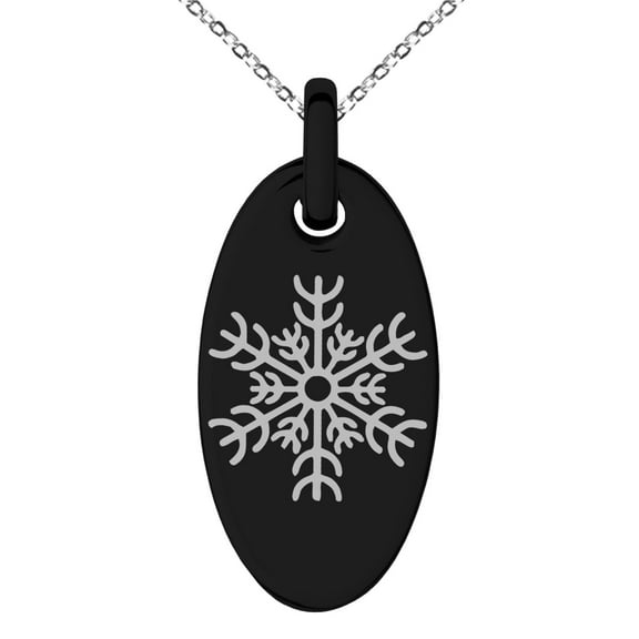 Black Stainless Steel Spring Snowflake Engraved Small Oval Charm Pendant Necklace
