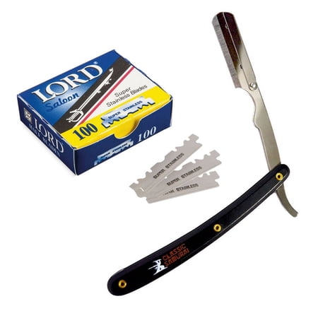 Black Stainless Steel Straight Edge Barber Razor + 100 Lord Single Blades