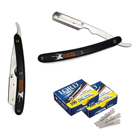 Black Stainless Steel Straight Edge Barber Razor + 200 Lord Single Blades