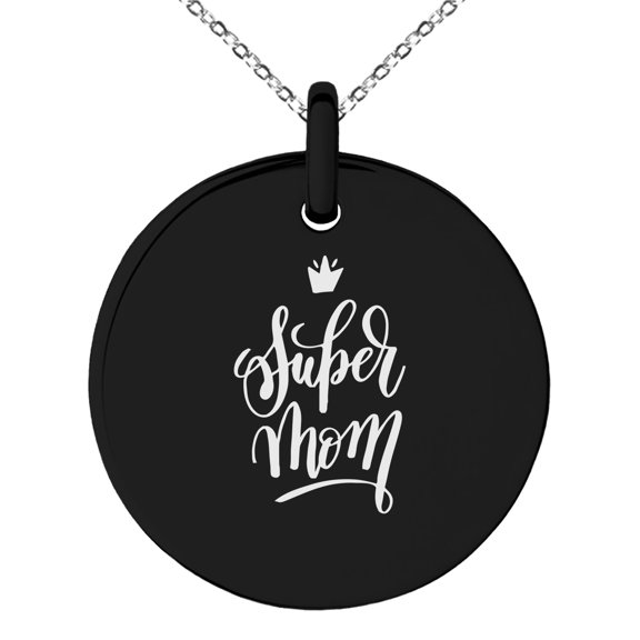 Black Stainless Steel Super Mom Small Medallion Circle Charm Pendant Necklace