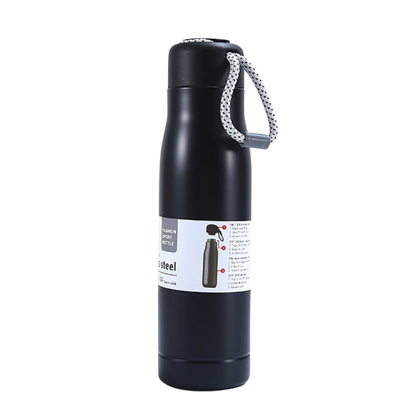 Black Stainless Steel Water Bottle, Insulated Sports Bottle, Outdoor Hiking Kettle, With Drawstring And Handle, 550Ml Capacity, Leak-Proof Lid, For Camping, Gym, Travel, 1.21Lb Weight