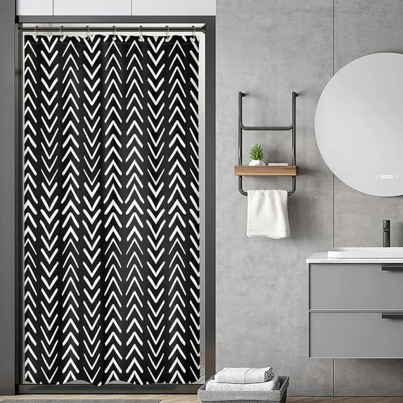 Black Stall Small Boho Shower Curtain for Bathroom Half Size 36x72 Inch Geometric Chevron Striped Herringbone Single Narrow Tiny Walkin Rv Dorm Decor Fabric Bathroom Set Polyester Waterproof