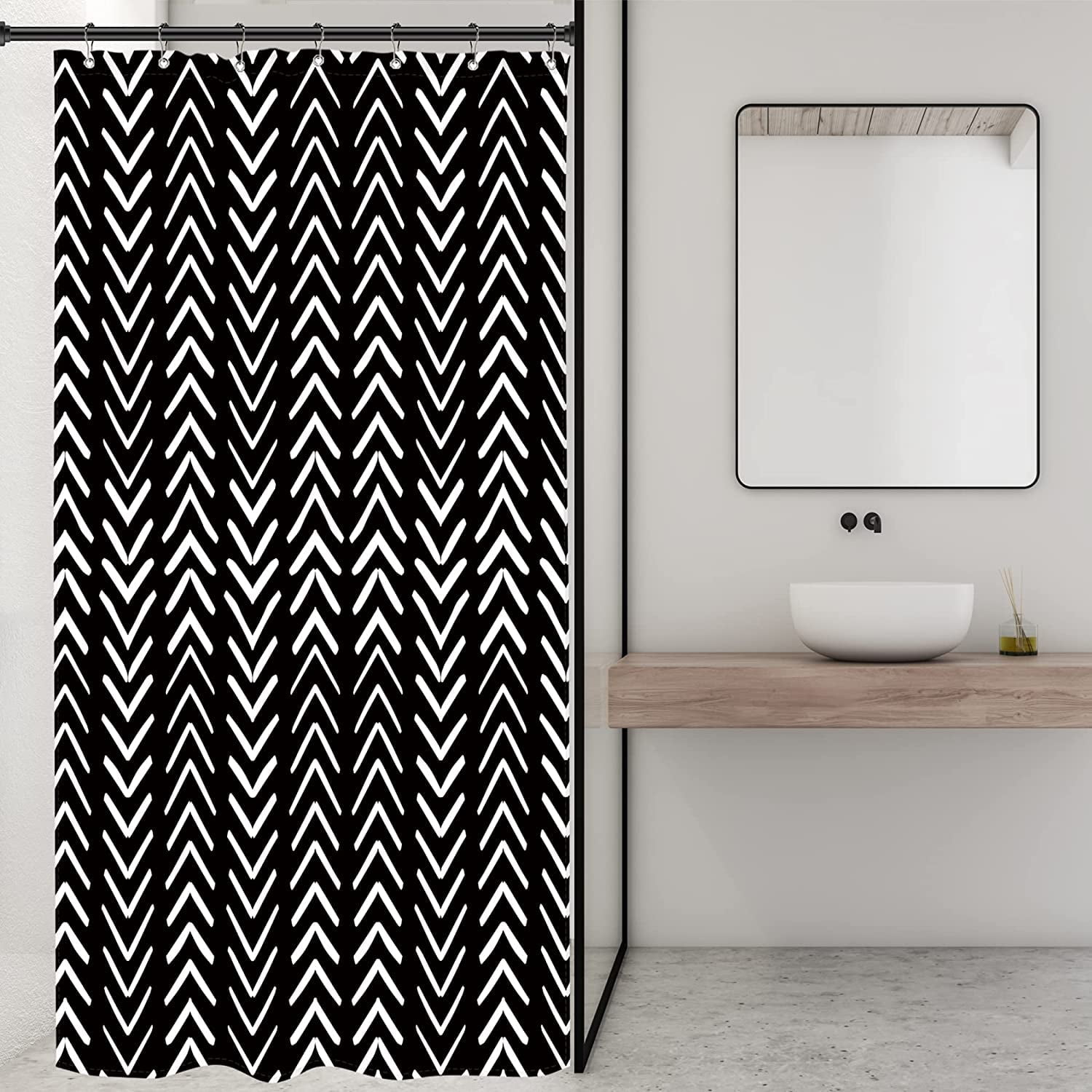 Black Stall Small Boho Shower Curtain for Bathroom Half Size 36x72 Inch Geometric Chevron Striped Herringbone Single Narrow Tiny Walkin Rv Dorm Decor Fabric Bathroom Set Polyester Waterproof