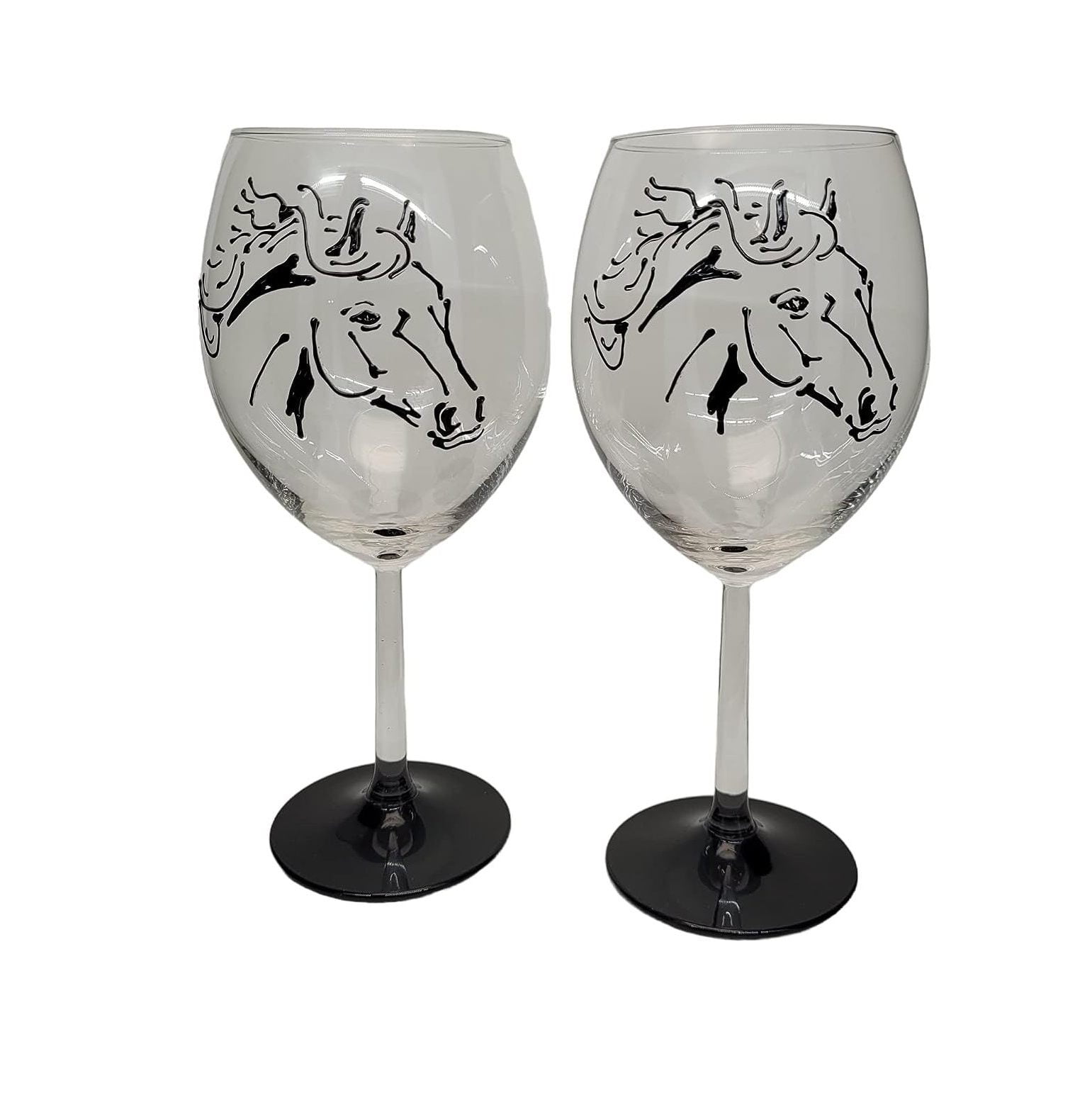 Black Stallion Horse Hand Painted Wine Glasses Set of 2