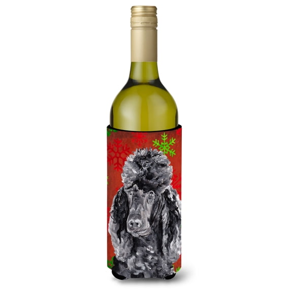 Black Standard Poodle Red Snowflakes Holiday Wine Bottle Hugger