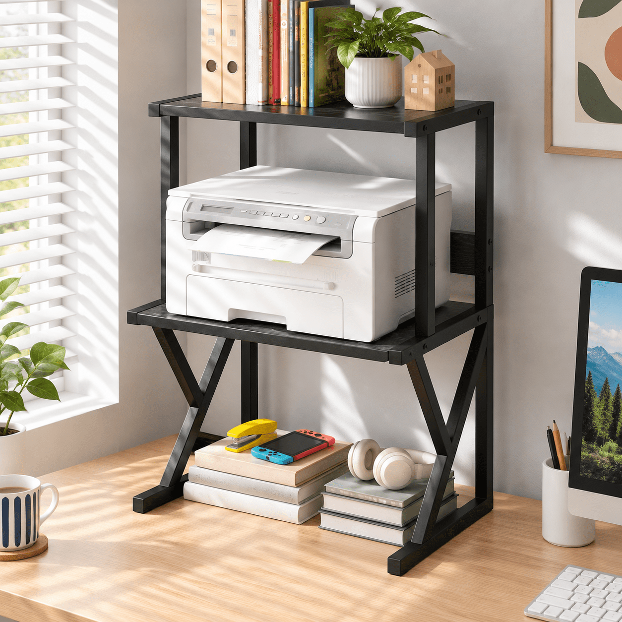 Black Standard Printer Stand Metal Wood Home Office Desk Space Saving ...