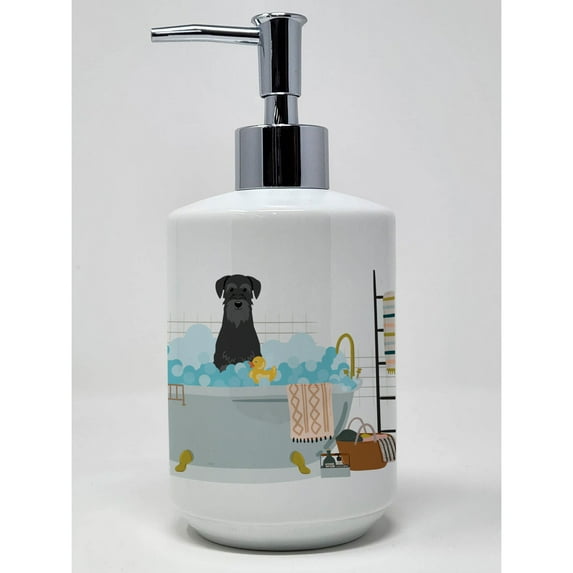 Black Standard Schnauzer in Bathtub Ceramic Soap Dispenser