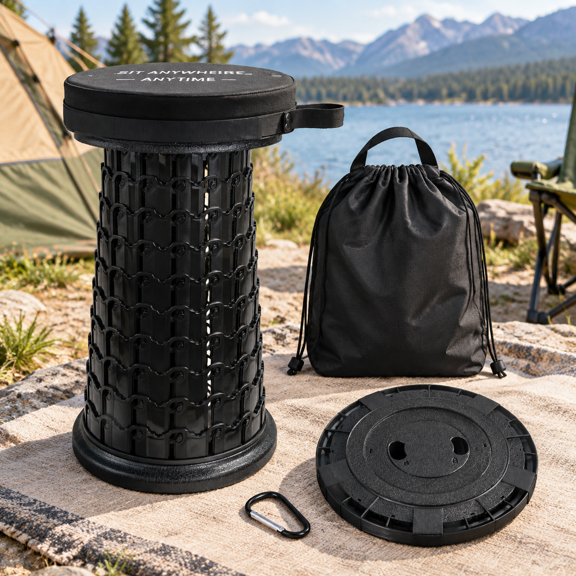 Black Standard XXL Collapsible Telescoping Camping Stool with Cushion