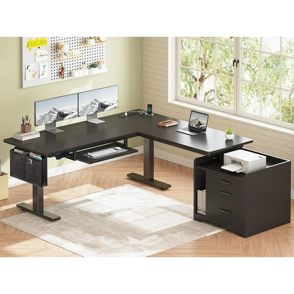 SEDETA Black Standing Desk, L Shaped Desk with Electric Adjustable Height, Home Office Desk with Wood Drawers & Power Outlets, Gaming Desk with LED Lights & Keyboard Tray, 63" × 53" Stand Up Desk