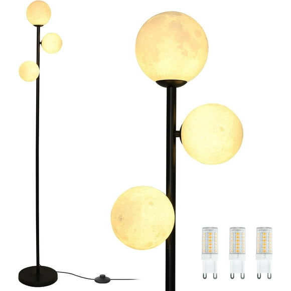 Black Standing Floor Lamps for Living Room, 3 Globe Modern Lamp with LED G9 Bulbs, 3D Moon Printing Frosted Shades, 67" Tall Corner Lamp for Bedroom, Office and Kids Room