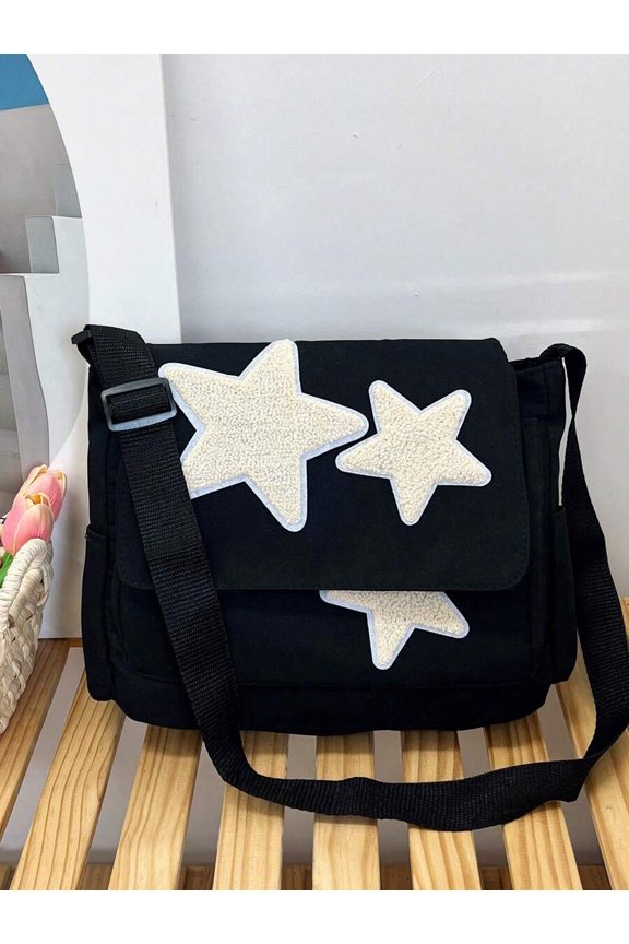 Black Star Appliqu Messenger Bag With Adjustable Strap, Water-Resistant