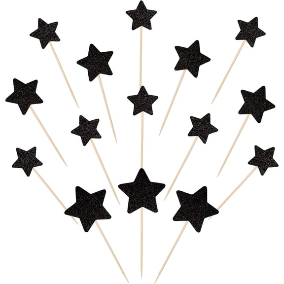 Black Star Cupcake Toppers - Glitter Star Picks for Birthday/Halloween/New Year Party Decorations, Pack of 12