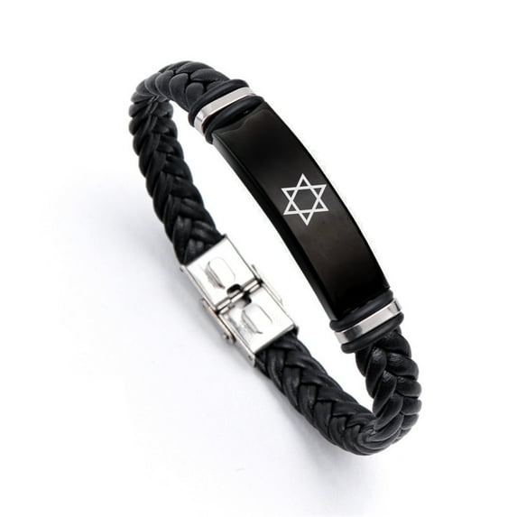 Black Star of David Bracelet - Religious Jerusalem Mogan Star David Jewish Faith Reminder Leather Bangle Judaica Israeli Jewelry Gifts for Men Women, 8.66 Inch