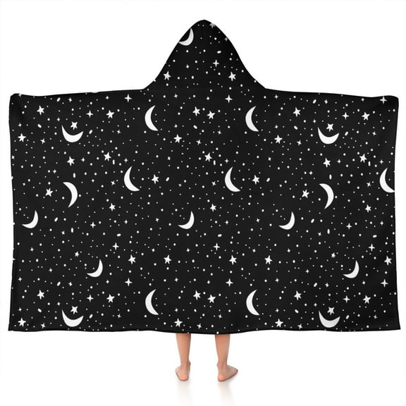 Black Star Moon Pattern Hooded Bath Towel,50"x30" for Ages 3 To 12 Kids, Quick Dry Lightweight Soft Microfiber Hood Beach Towel Cover Up for Kids