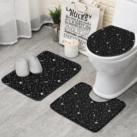 Black Star Planet Moon Pattern Bathroom Rugs Sets 3 Piece,Toilet Cover Set,Absorbent Non Slip Bathroom Mats Sets with U-Shaped Contour Rug Toilet Rug Set