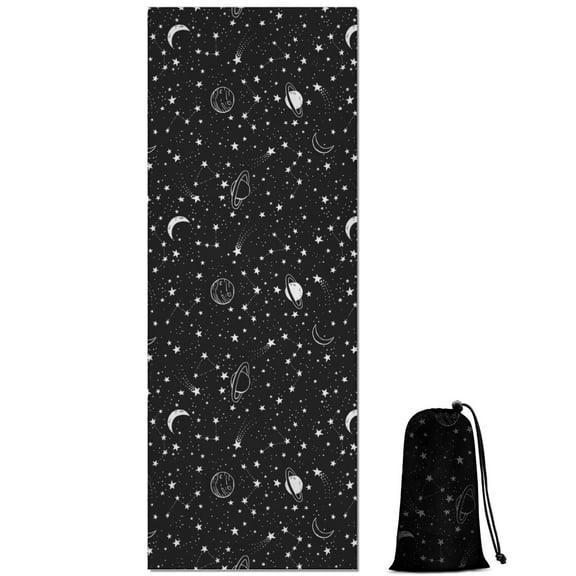 Black Star Planet Moon Pattern Hot Yoga Mat Towel Non Slip for Hot Yoga - Quick-Drying Yoga Mat Cover with 4 Corner Pockets with Travel Bag - Hot Yoga Towel Non Slip 70"x26"