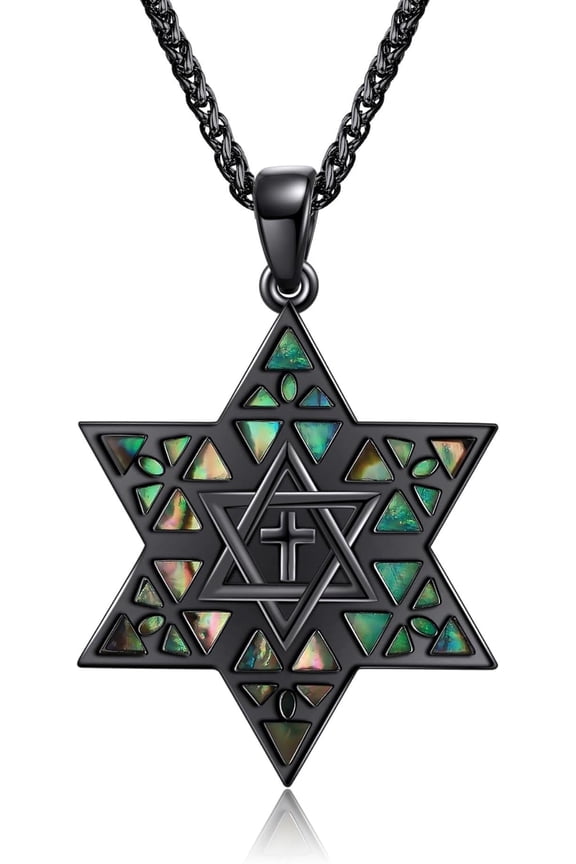 Black Star of David Necklace for Men Sterling Silver Abalone Shell David Star with Cross Necklace Je Star Jewelry Gift for Men