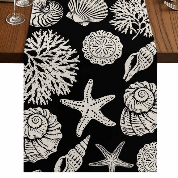 Black Starfish Coastal Burlap Cotton Table Runner 16x72 Inches Long, Shell Coral Summer Beach Nautical Ocean Farmhouse Table Runners, Outdoor Dining Table Decor for Baby Shower/Party/Wedding