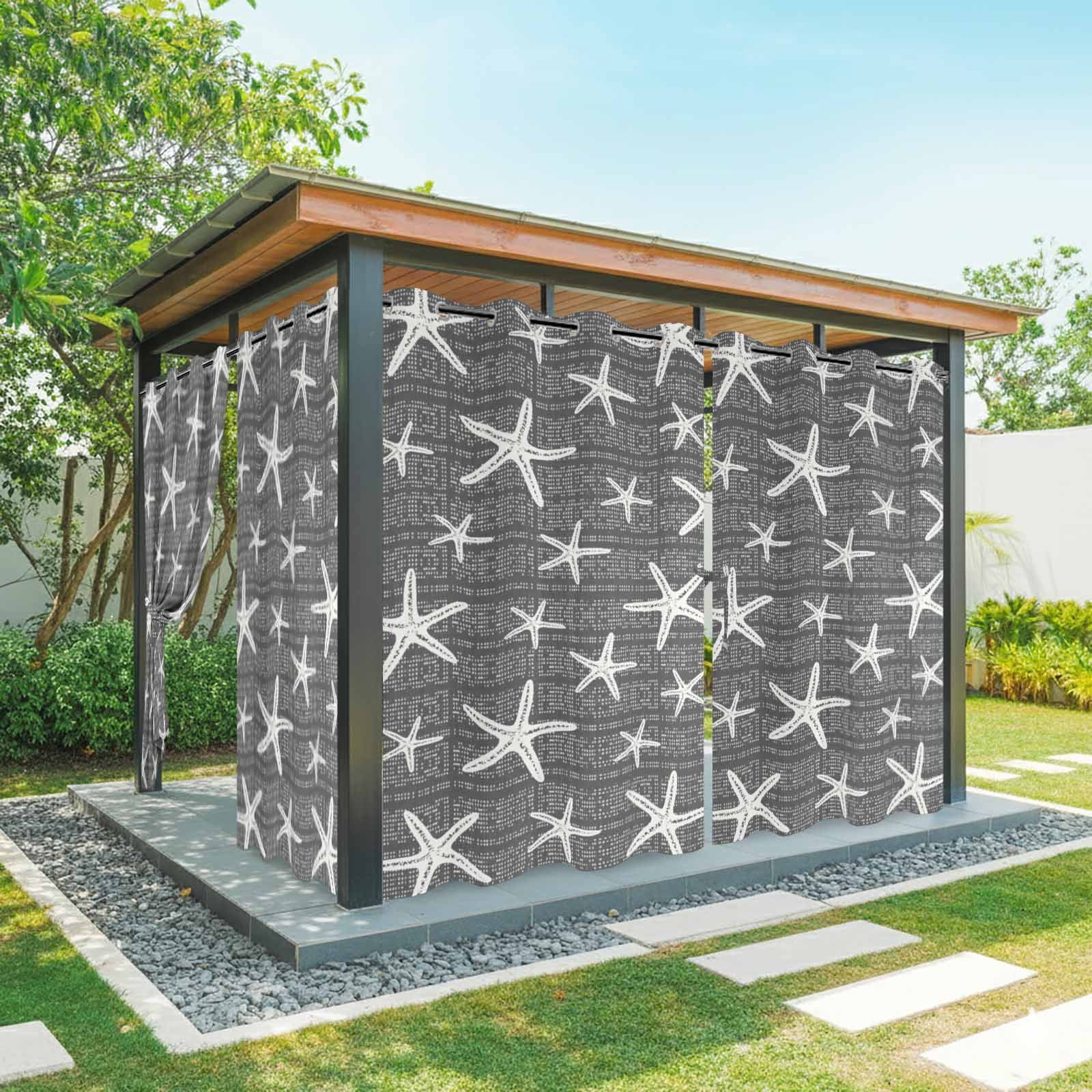 Black Starfish Coastal Outdoor Curtains for Patio, Summer Beach Nautical Sea Ocean Sunshade Privacy Drapes Grommet Waterproof Outside Curtains for Porch/Cabana/Balcony 54"x 108", 1 Panel