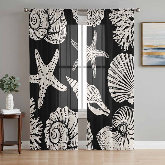 Black Starfish Coastal Sheer Curtains 84 Inch Length 2 Panels Set, Shell Coral Summer Beach Nautical Ocean Voile Window Treatment Curtains Sheers Drapes for Bedroom/Living Room/Kitchen 52"x84"x2