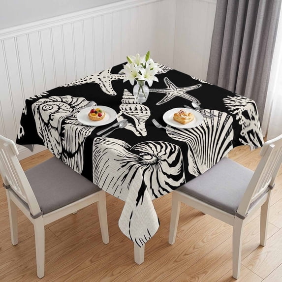 Black Starfish Coastal Table Cloth Waterproof Tablecloths, Shell Coral Summer Beach Nautical Ocean Tablecloth Dining Table Cover for Kitchen Party Tabletop Outdoor, Square Tablecloth 60x60 Inch