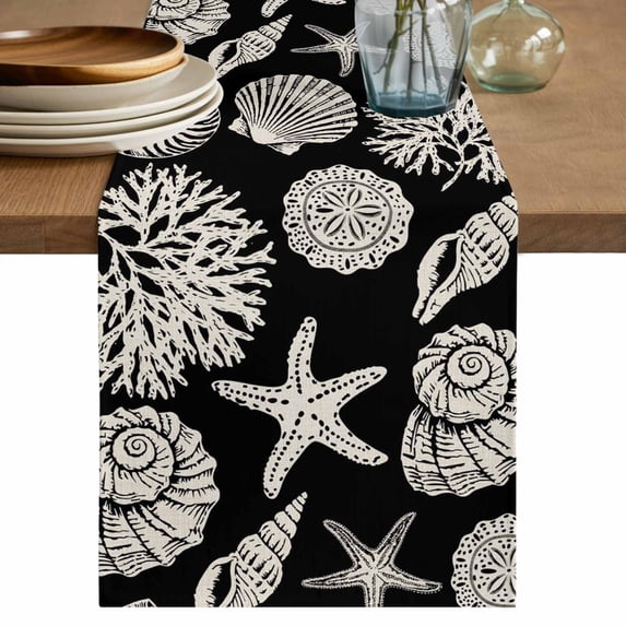 Black Starfish Coastal Table Runner 72 Inches, Shell Coral Summer Beach Nautical Ocean Bed Runner Dresser Scarves Tabletop for Indoor Outdoor Parties/Ceremony/Banquet, 14" x 72"