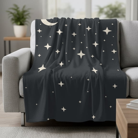 Black Starry Night Fleece Throw Blanket Stars Moon Black Background Simple Ultra Soft Fuzzy Cozy Flannel Throw Blanket for Couch Sofa Bed Car Travel, Ideal Gifts 30x40 Inches