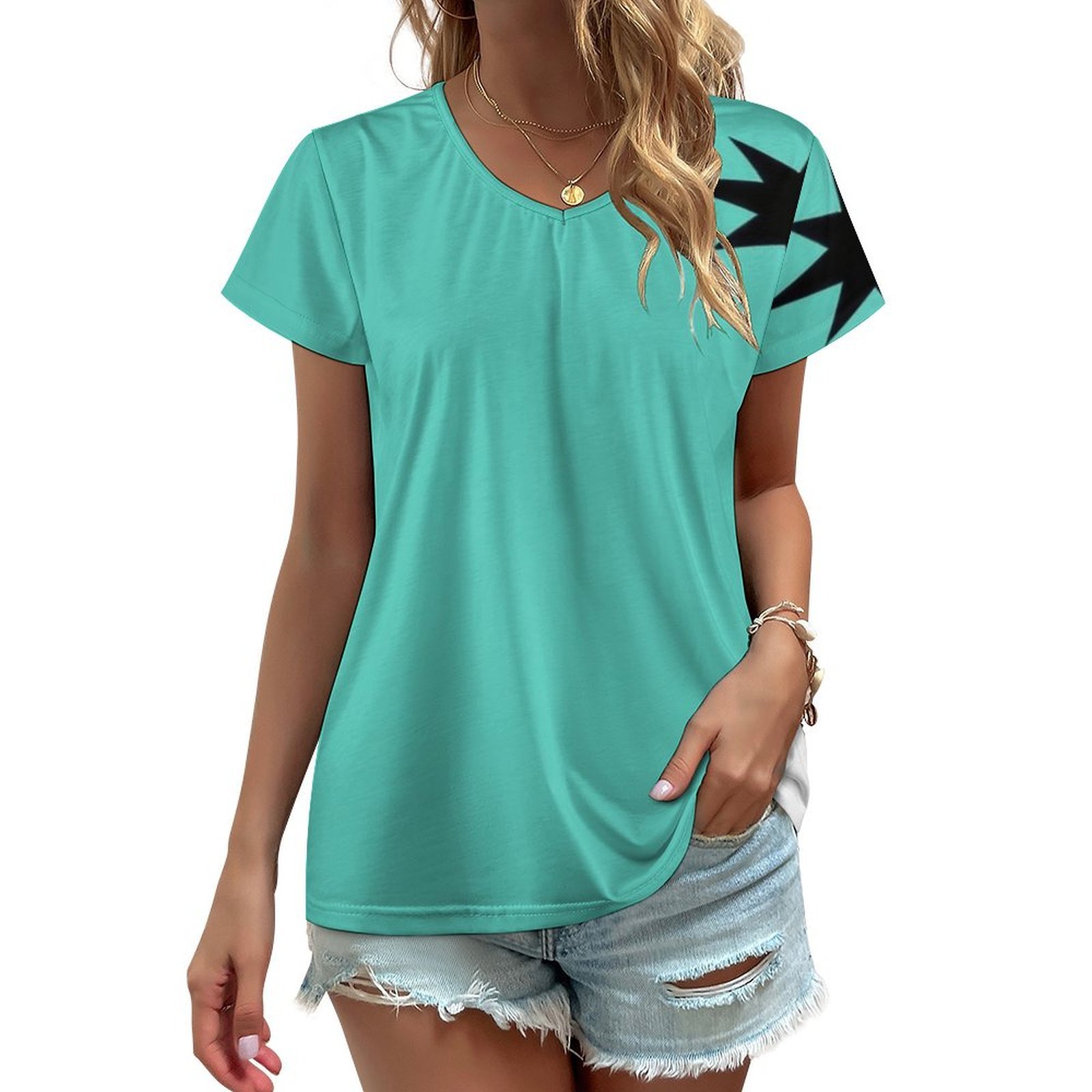Black Stars Fall Teal Background Women's Blouse Short Sleeve Women's